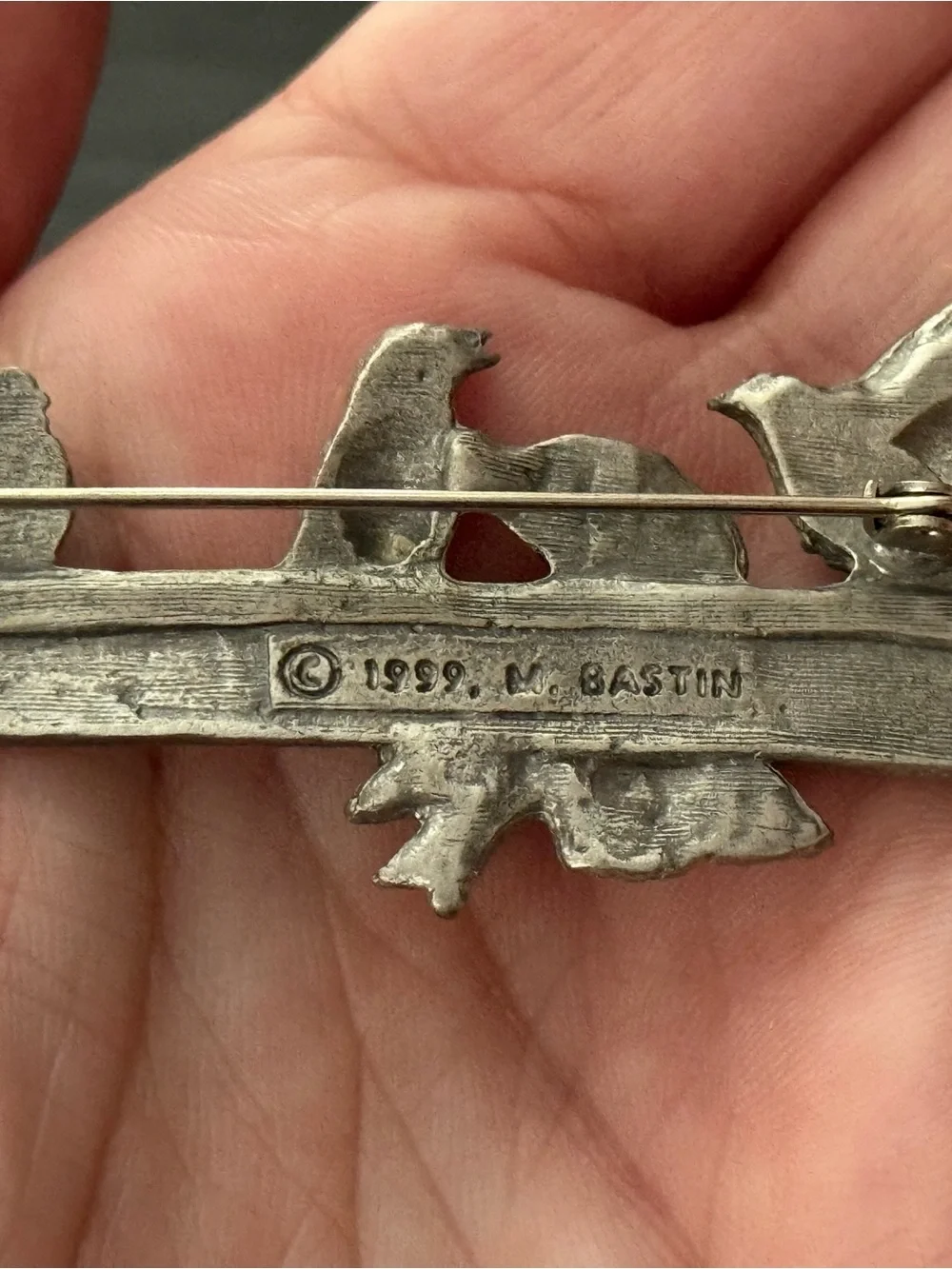 Vintage 1999 Pewter Brooch Titled “Birds at the Feeder” by Marjolein Bastin